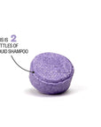 A solid shampoo bar with text saying "This is 2 bottles of liquid shampoo"
