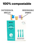 Infographic of etee bamboo heads for electric toothbrush with the heading "100% compostable" and "castor bean oil bristles" and "biodegradable bamboo"