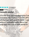 Screenshot of review saying it actually works! They are amazed that it's the first natural shampoo they've tried that actually suds up and leaves their hair soft and clean.