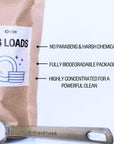 Concentrated dishwasher detergent infographic with the text "no parabens and harsh chemicals, fully biodegradable packaging, highly concentrated for a powerful clean"