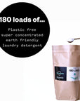 Infographic of etee concentrated laundry detergent with text "180 loads of plastic free super concentrated earth friendly laundry detergent"