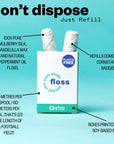 Infographic of etee's dental floss with heading "don't dispose, just refill". Text reads "100% pure mulberry silk candelilla wax and natural peppermint oil floss, 30m per spool and 60m per box, refills come in 100% cornstarch baggies, and boxes printed with soy-based inks"