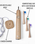 Infographic of etee bamboo electric toothbrush with text "6 week charge, 100% recyclable body, compostable castor been oil bristles"