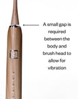 etee electric toothbrush with replaceable bamboo head infographic with text "A small gap is required between the body and brush head to allow for vibration"