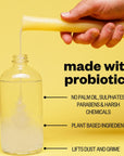 Infographic for etee probiotic floor cleaner concentrate with text "No palm oil, sulphates, parabens and harsh chemicals, plant based ingredients, and lifts dust and grime"