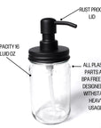etee glass soap dispenser infographic: 16oz capacity, BPA free and rust-proof lid