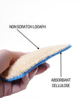 Infographic on loofie scrubbers with the text "non scratch loofah and absorbant cellulose"