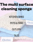 Infographic of etee loofie scrubber with heading "The multi surface cleaning sponge: kitchen sinks, pots and pans, cutlery, and tiles"