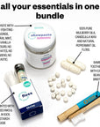 Dental Care Kit Fluoride - Green Bamboo Toothbrush, Floss in glass dispenser, Floss refill, Fluoride Chewpaste