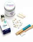 Dental Care Kit Fluoride - Green Bamboo Toothbrush, Floss in glass dispenser, Floss refill, Fluoride Chewpaste