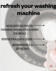 Infographic of etee washing machine cleaner with fingers holding a scoop of detergent over the drum with the text "refresh your washing machine" and the text "no bleach, sulphates, parabens, phthalates and harsh chemicals, removes buildup and odours, and biodegradable and septic safe"