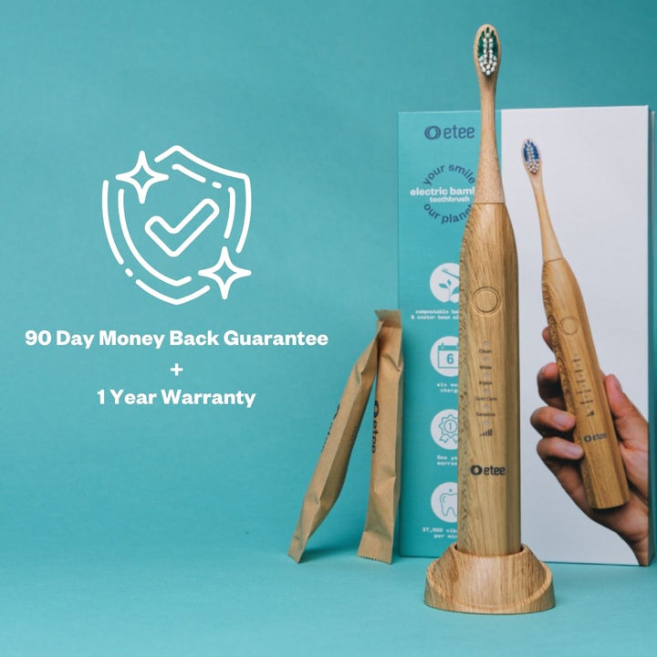 an icon saying 90 day money back guarantee + 1 year warranty next to the toothbrush box.