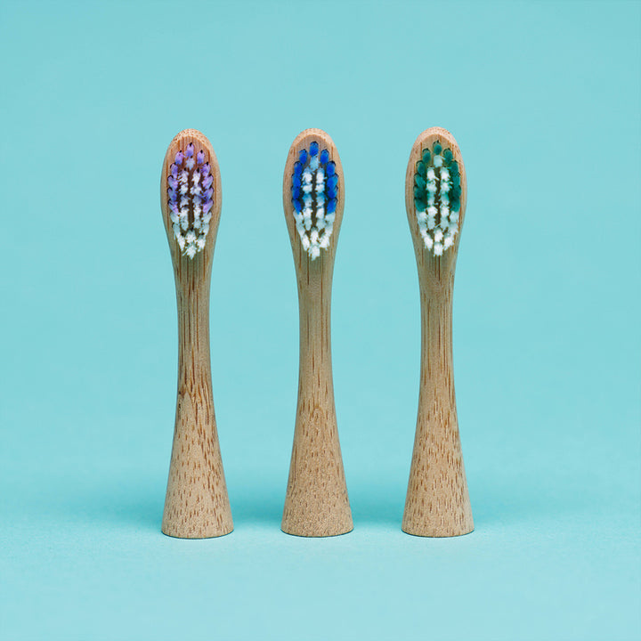 3 bamboo brush heads with castor bean oil bristles, on a blue background