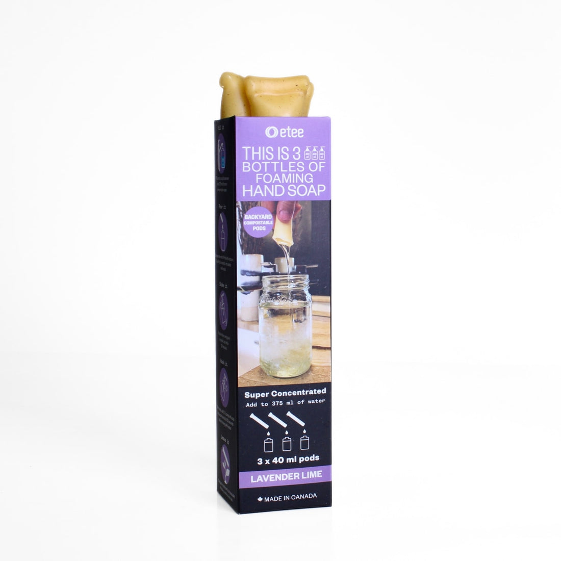 One packet of etee lavender lime foaming hand soap concentrate with three pods in each packet