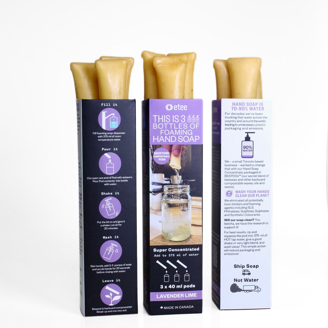 Three packets of etee lavender lime foaming hand soap concentrate with three pods in each packet
