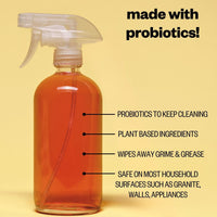 Infographic for etee all purpose probiotic cleaner with text "probiotics to keep cleaning, plant based ingredients, wipes away grime and grease, and safe on most household surfaces such as granite, walls, appliances"