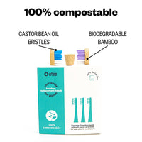 Infographic of etee bamboo heads for electric toothbrush with the heading "100% compostable" and "castor bean oil bristles" and "biodegradable bamboo"