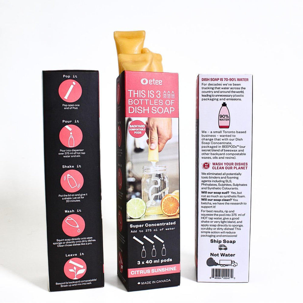 Three boxes, each with three beeswax tubes filled with concentrated citrus dish soap