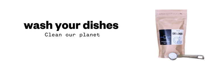 Wide banner of etee dishwasher detergent with a scoop of the detergent in front of the package. The heading reads "Wash your dishes, clean our planet"