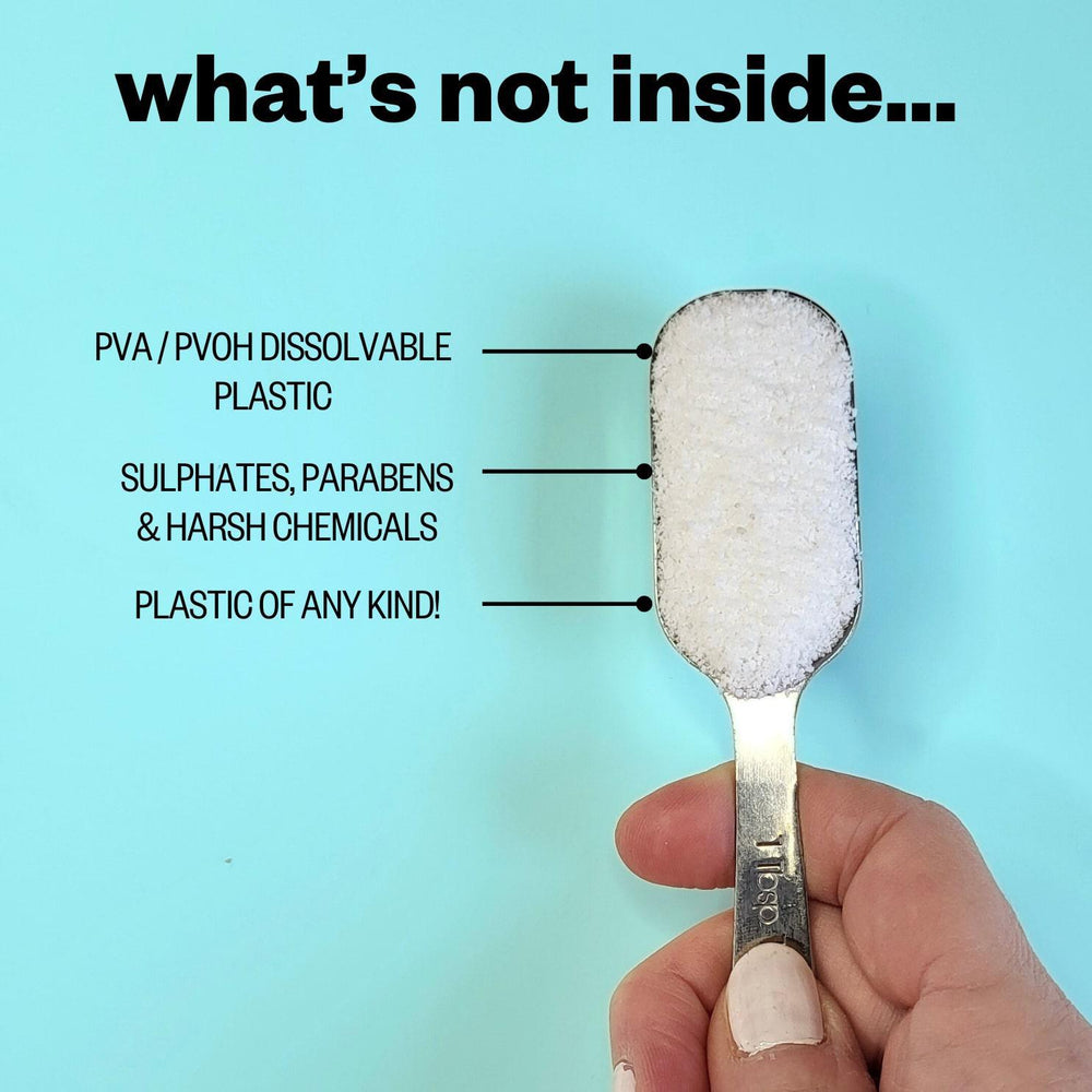 Infographic of etee concentrated laundry detergent with woman holding up scoop of detergent and the text "PVA/PVOH dissolvable plastic, sulphates, parabens and harsh chemicals, and plastic of any kind!"