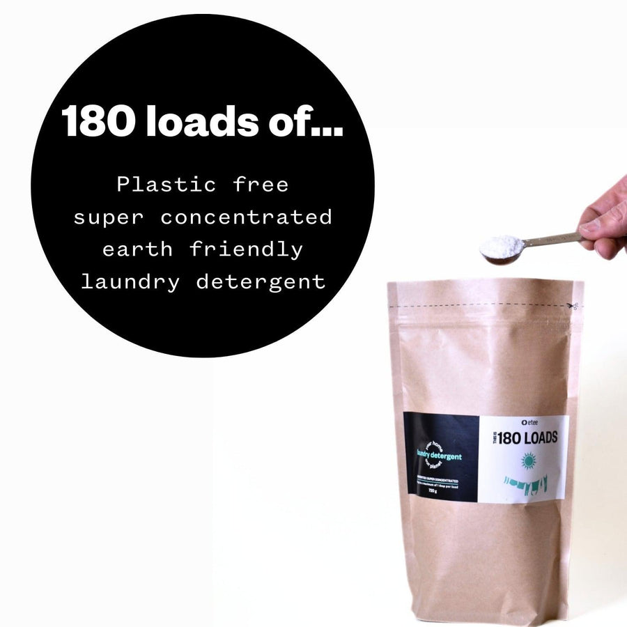 Infographic of etee concentrated laundry detergent with text "180 loads of plastic free super concentrated earth friendly laundry detergent"
