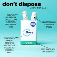 Infographic of etee's dental floss with heading "don't dispose, just refill". Text reads "100% pure mulberry silk candelilla wax and natural peppermint oil floss, 30m per spool and 60m per box, refills come in 100% cornstarch baggies, and boxes printed with soy-based inks"
