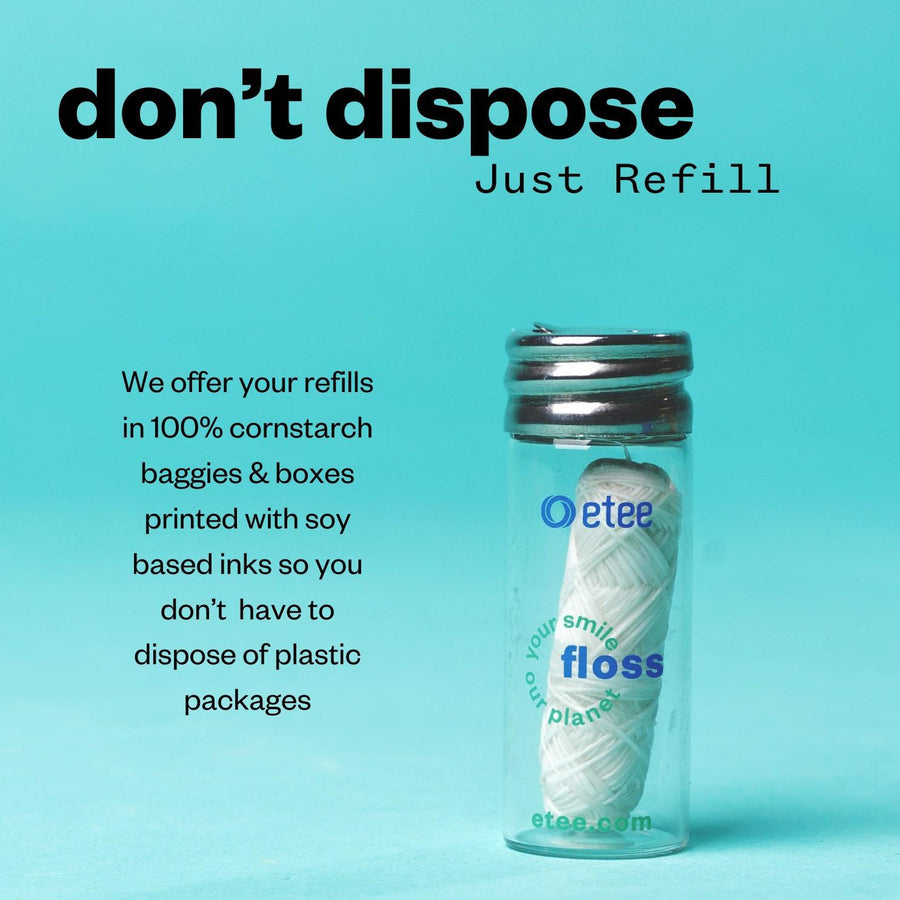 Infographic of etee's gently minted waxed silk dental floss with the text "don't dispose, just refill" and "We offer your refills in 100% cornstarch baggies and boxes printed with soy-based inks so you don't have to dispose of plastic packages"