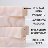 Infographic of etee dish soap bars with text "100% plant based ingredients, no synthetic fragrance, no unnatural preservatives, ruthless on grease"