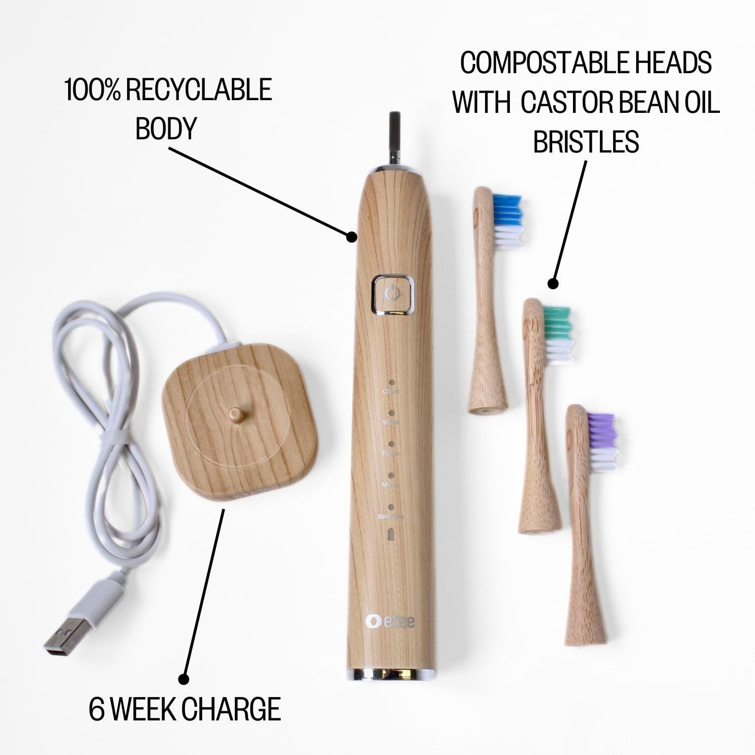 Infographic of etee bamboo electric toothbrush with text "6 week charge, 100% recyclable body, compostable castor been oil bristles"
