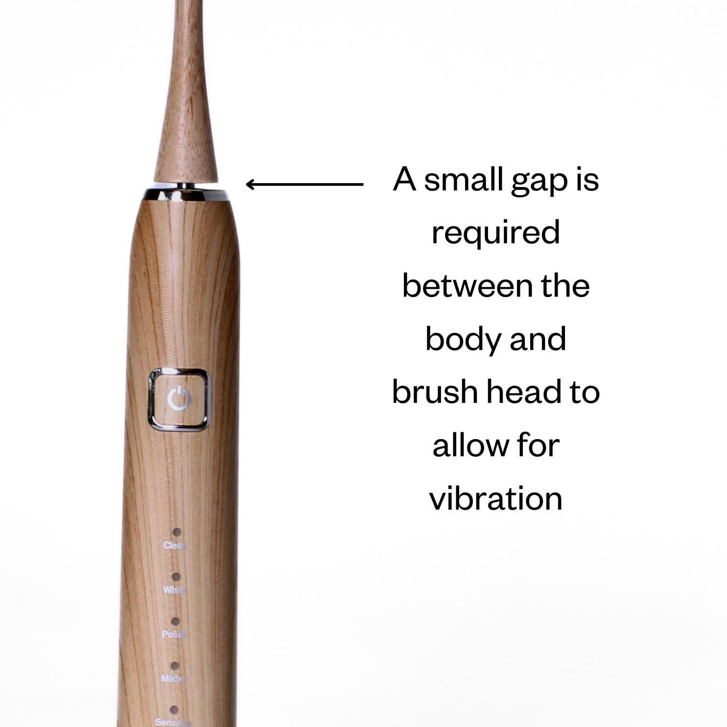 etee electric toothbrush with replaceable bamboo head infographic with text &quot;A small gap is required between the body and brush head to allow for vibration&quot;