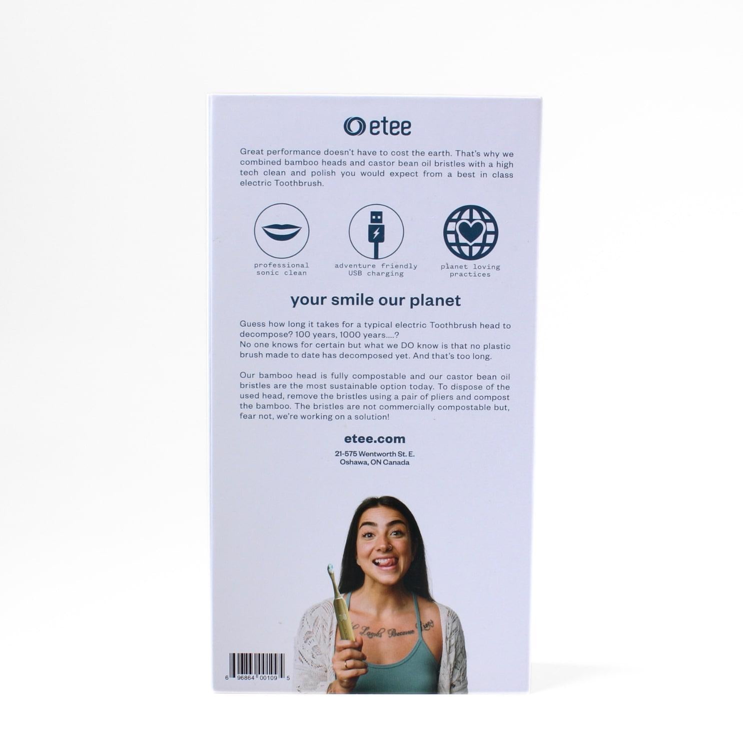 etee electric toothbrush with replaceable bamboo head - back of box showing woman holding up toothbrush and smiling