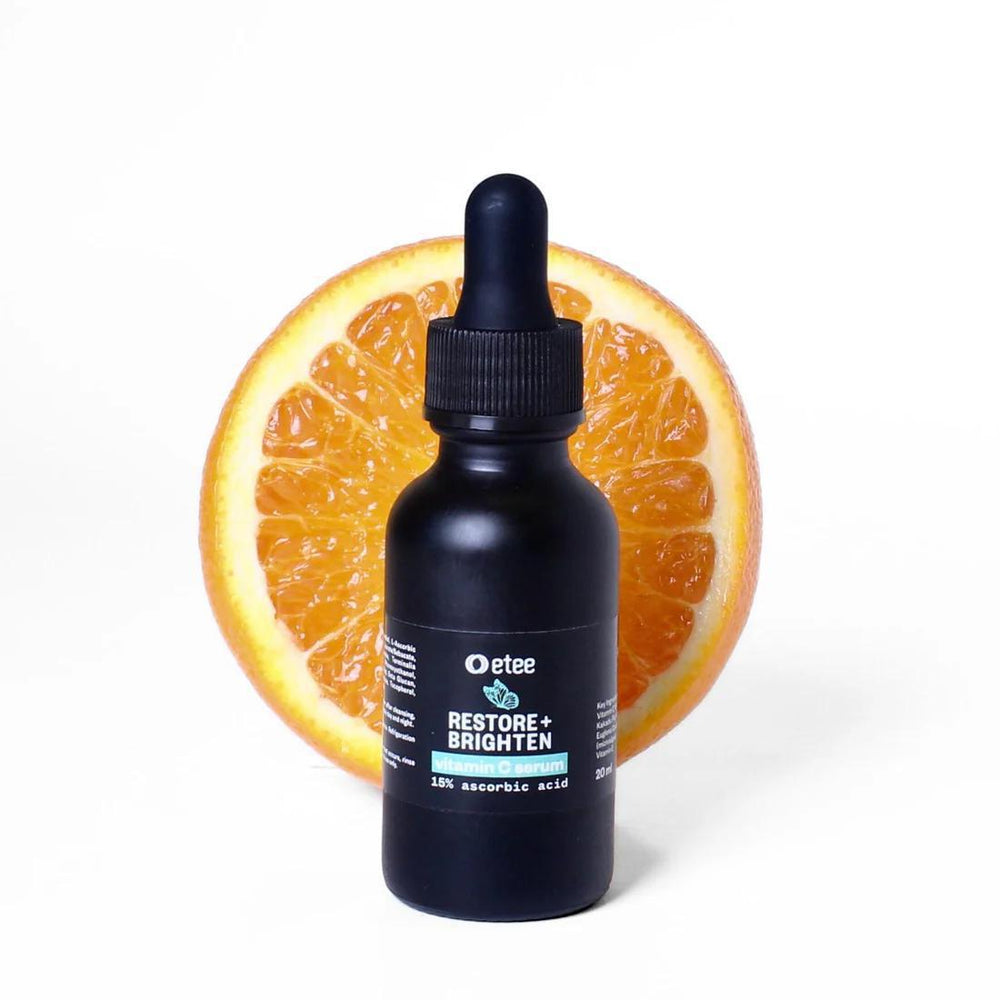 Vitamin C serum 15% ascorbic acid in dark bottle with dropper