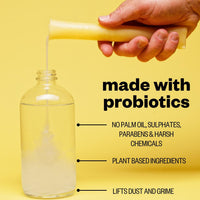 Infographic for etee probiotic floor cleaner concentrate with text "No palm oil, sulphates, parabens and harsh chemicals, plant based ingredients, and lifts dust and grime"