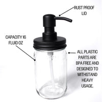 etee glass soap dispenser infographic: 16oz capacity, BPA free and rust-proof lid