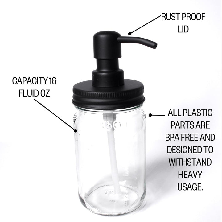 etee glass soap dispenser infographic: 16oz capacity, BPA free and rust-proof lid