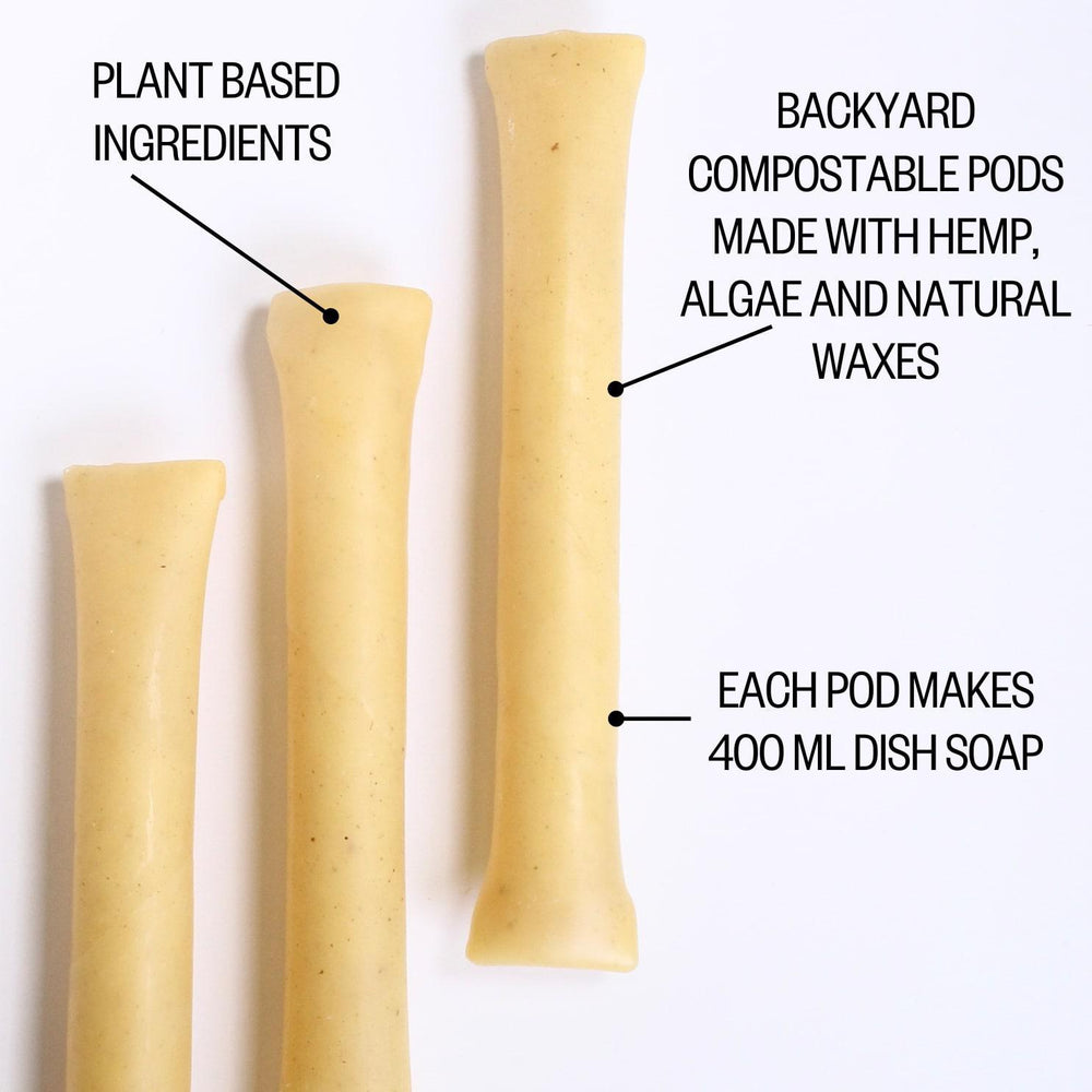 Infographic of etee citrus liquid dish soap concentrate with the text "plant based ingredients, backyard compostable pods made with hemp, algae and natural waxes, each pod makes 400ml dish soap"