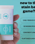 Infographic of etee's laundry stain bar with text "new to the stain bar game" and "easily removes stains, no washing required, convenient and small, and plant based and non toxic"