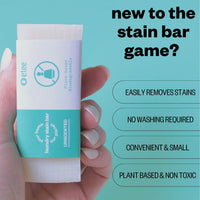 Infographic of etee's laundry stain bar with text "new to the stain bar game" and "easily removes stains, no washing required, convenient and small, and plant based and non toxic"