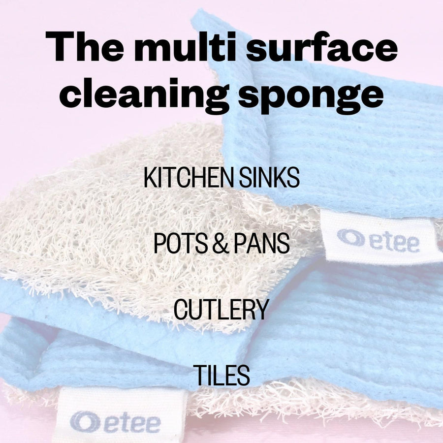 Infographic of etee loofie scrubber with heading "The multi surface cleaning sponge: kitchen sinks, pots and pans, cutlery, and tiles"