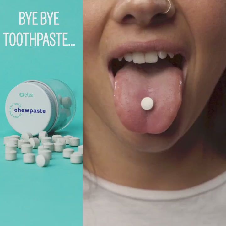 Young woman with an etee chewpaste tablet on her tongue. the text reads "bye bye toothpaste"