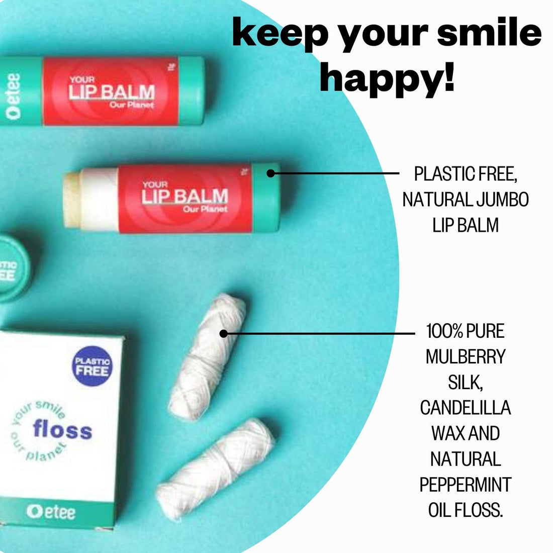 Infographic of etee's smile refills including lip balm and dental floss. The heading reads "keep your smile happy" and the text says "plastic free, natural jumbo lip balm" and "100% pure mulberry silk, candelilla wax and natural peppermint oil floss"