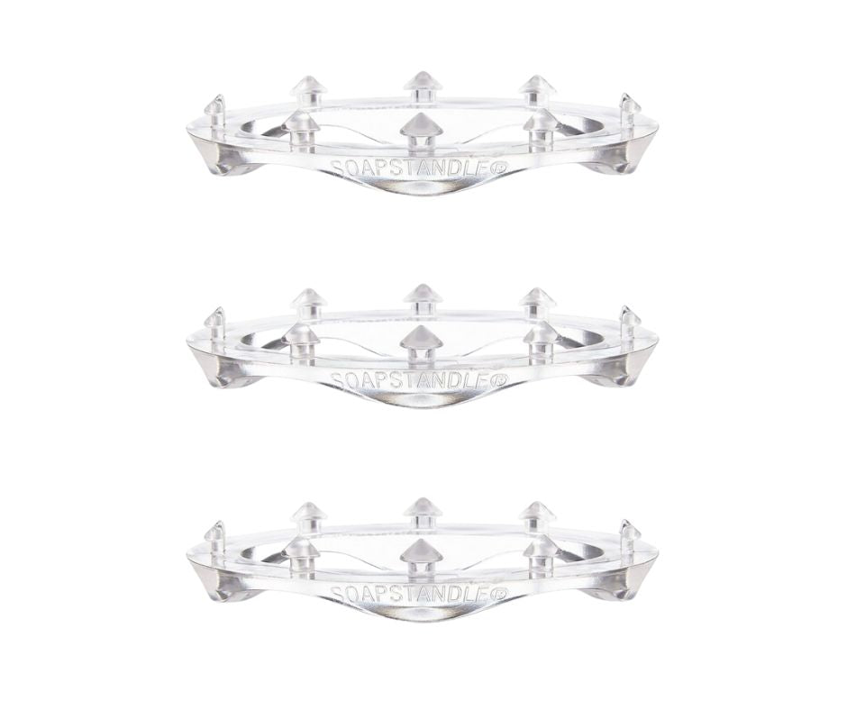 Set of three metal soap handlers with spikes for pushing into a bar of soap