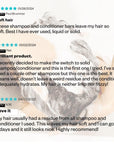 Screenshot of three positive reviews for the shampoo and conditioner bars. The reviews mention how they leave their hair soft, not frizzy and has no residue.