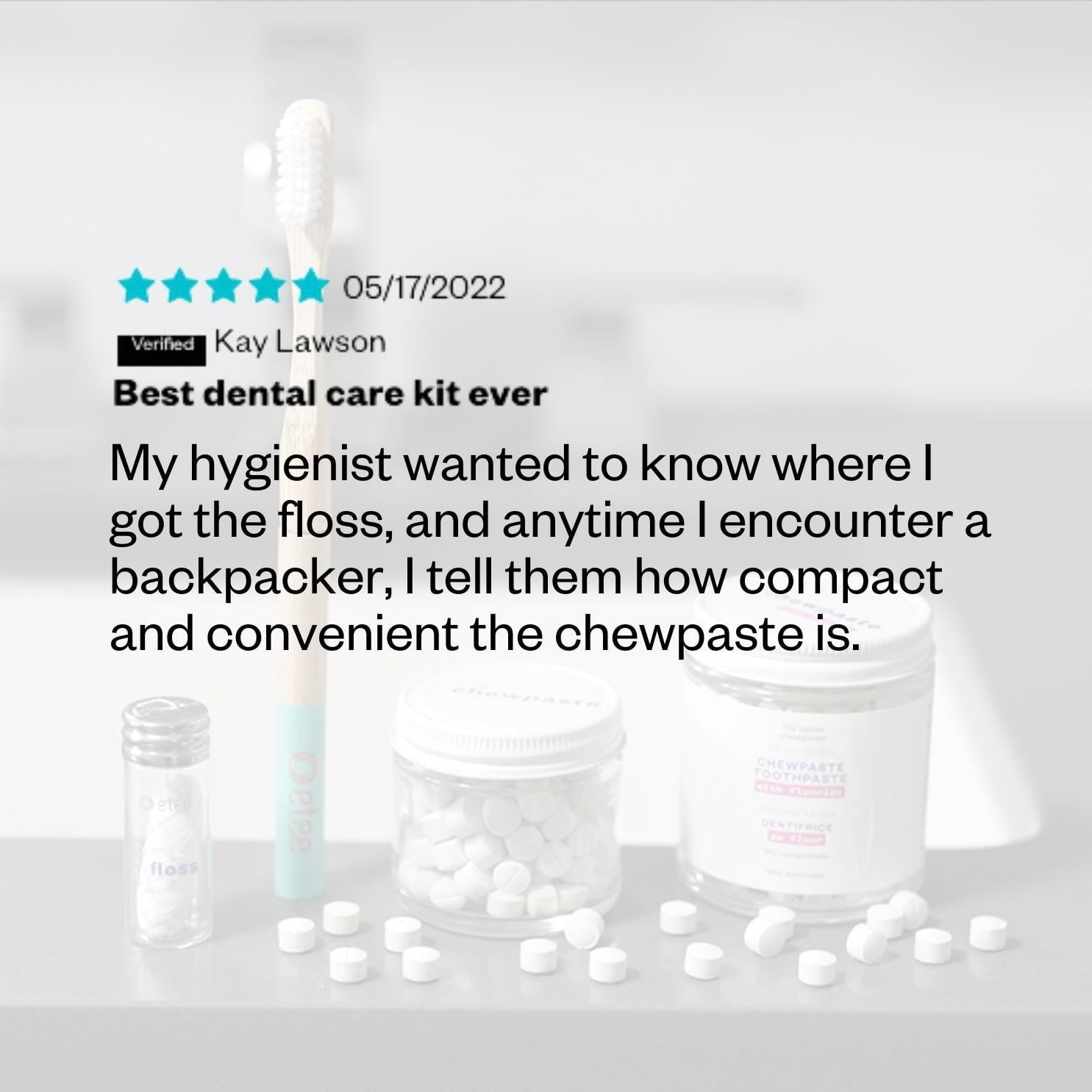 Dental Care Kit Fluoride - Green Bamboo Toothbrush, Floss in glass dispenser, Floss refill, Fluoride Chewpaste