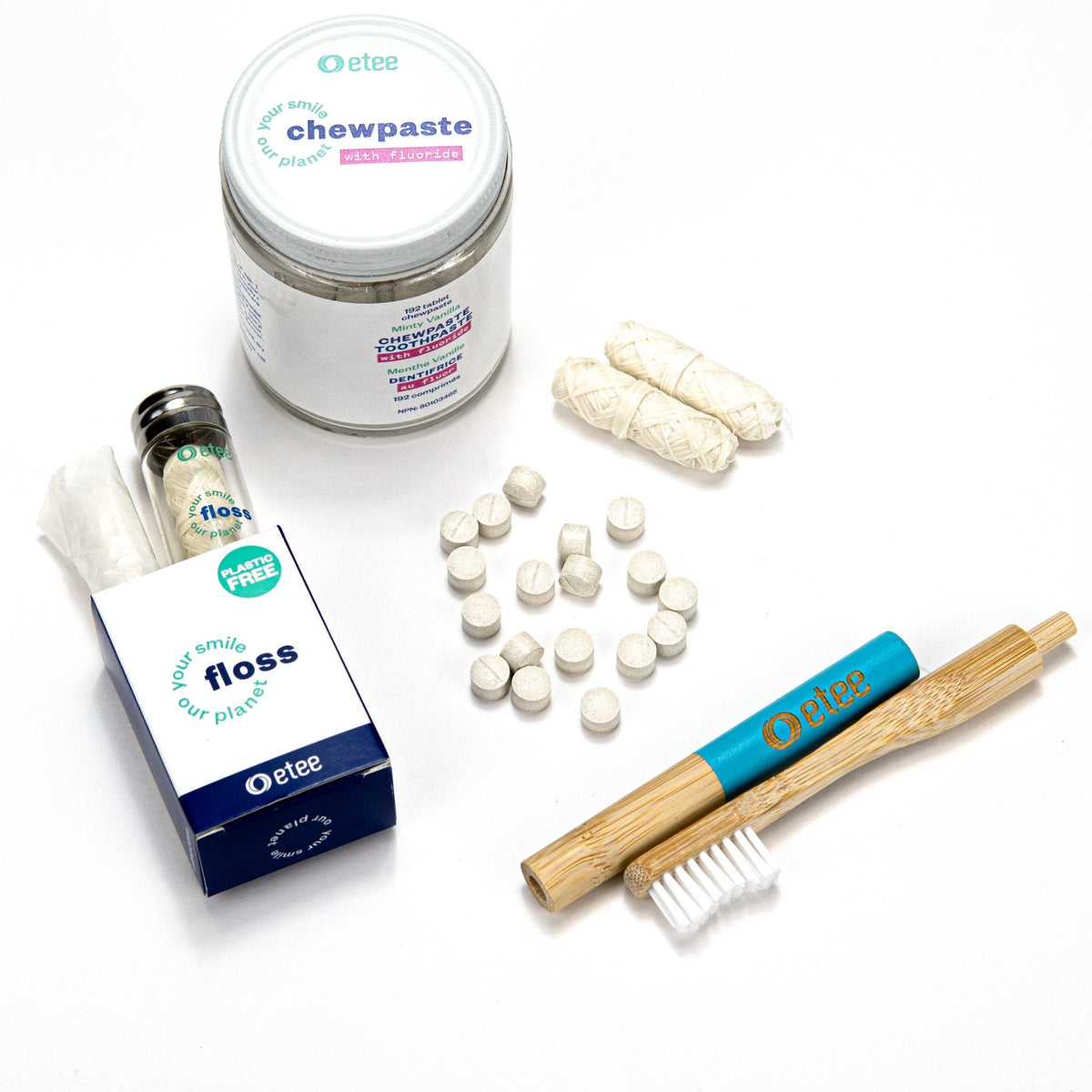 Dental Care Kit Fluoride - Green Bamboo Toothbrush, Floss in glass dispenser, Floss refill, Fluoride Chewpaste