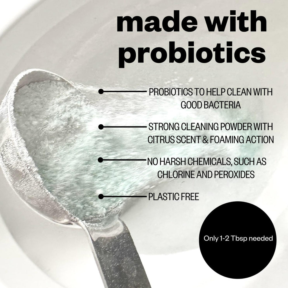 Infographic of etee toilet bowl cleaner with text "probiotics to help clean with good bacteria, strong cleaning powder with citrus scent and foaming action, no harsh chemicals, such as chlorine and peroxides, and plastic free"