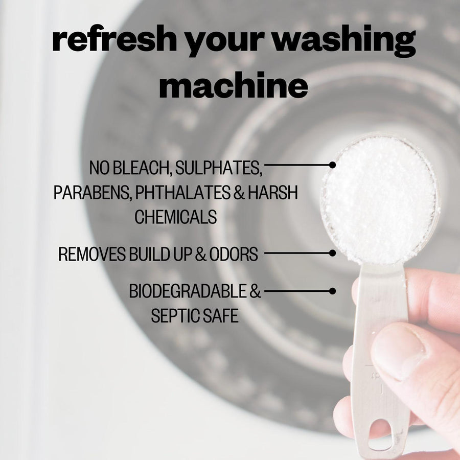 Infographic of etee washing machine cleaner with fingers holding a scoop of detergent over the drum with the text "refresh your washing machine" and the text "no bleach, sulphates, parabens, phthalates and harsh chemicals, removes buildup and odours, and biodegradable and septic safe"
