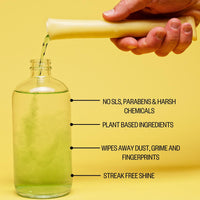 Infographic of window cleaner concentrate including "No SLS, parabens and harsh chemicals, plant based ingredients, wipes away dust, grime and fingerprints, streak free shine"