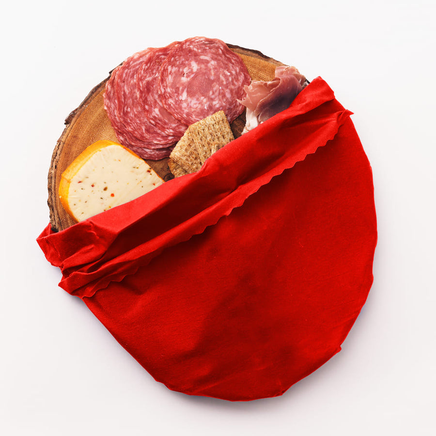 etee beeswax red food wrap containing charcuterie